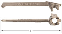 Two views of a bronze metal bung wrench. The top view displays lettering that reads "MADE IN THE U.S.A" and showcases the length and details of the tool. Side view highlights a circular opening with grooves and notches for 2 inch bungs. An arrow indicatin